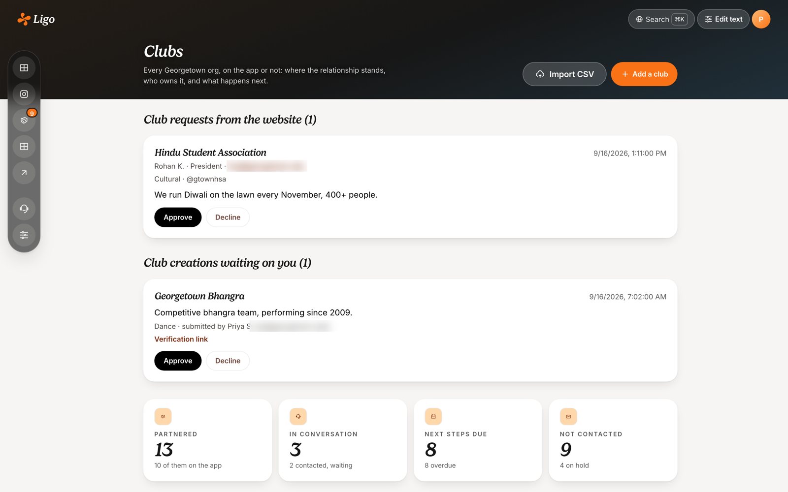 The Clubs page: club requests from the website, club creations waiting for approval, and a pipeline of partnered, in-conversation, and not-yet-contacted clubs