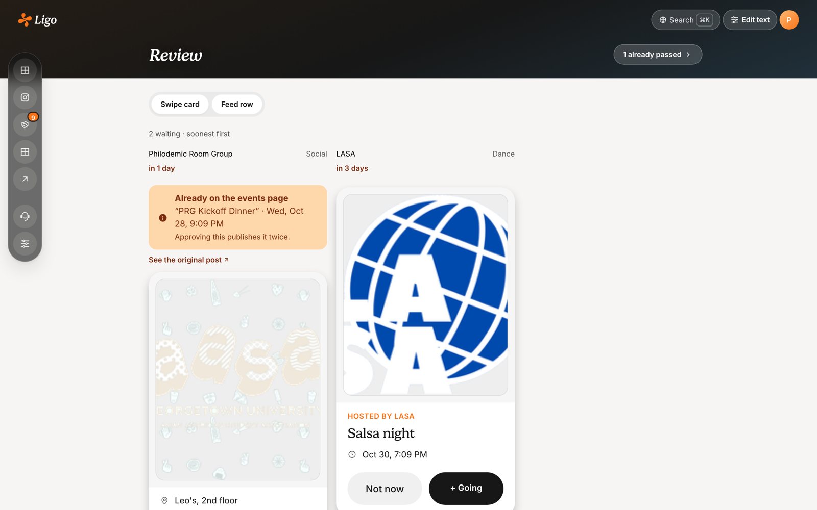 The Review page: club events waiting for approval, shown as the swipe cards students see in the app