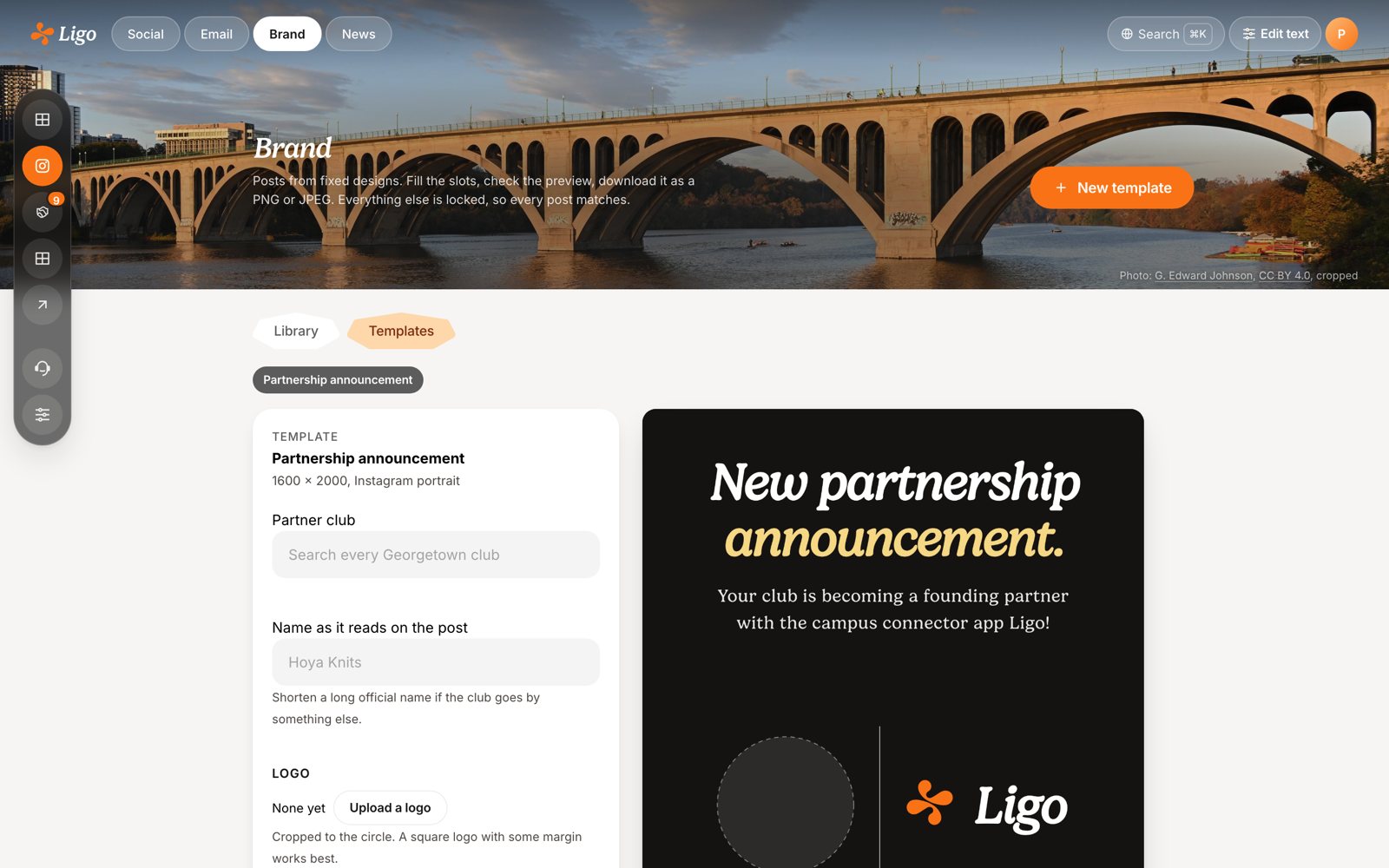 Brand templates: pick a partner club, fill the slots, and the partnership announcement post builds itself in the preview